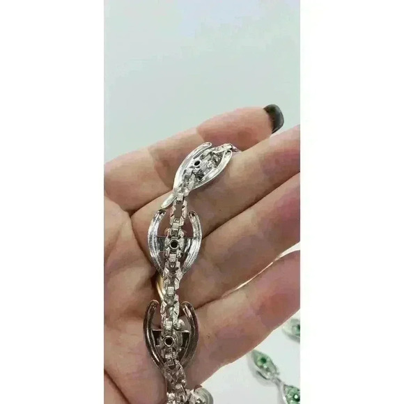 Vintage good luck Necklace Bracelet Earrings Set Silver Wishbone Rhinestone - Picture 8 of 11